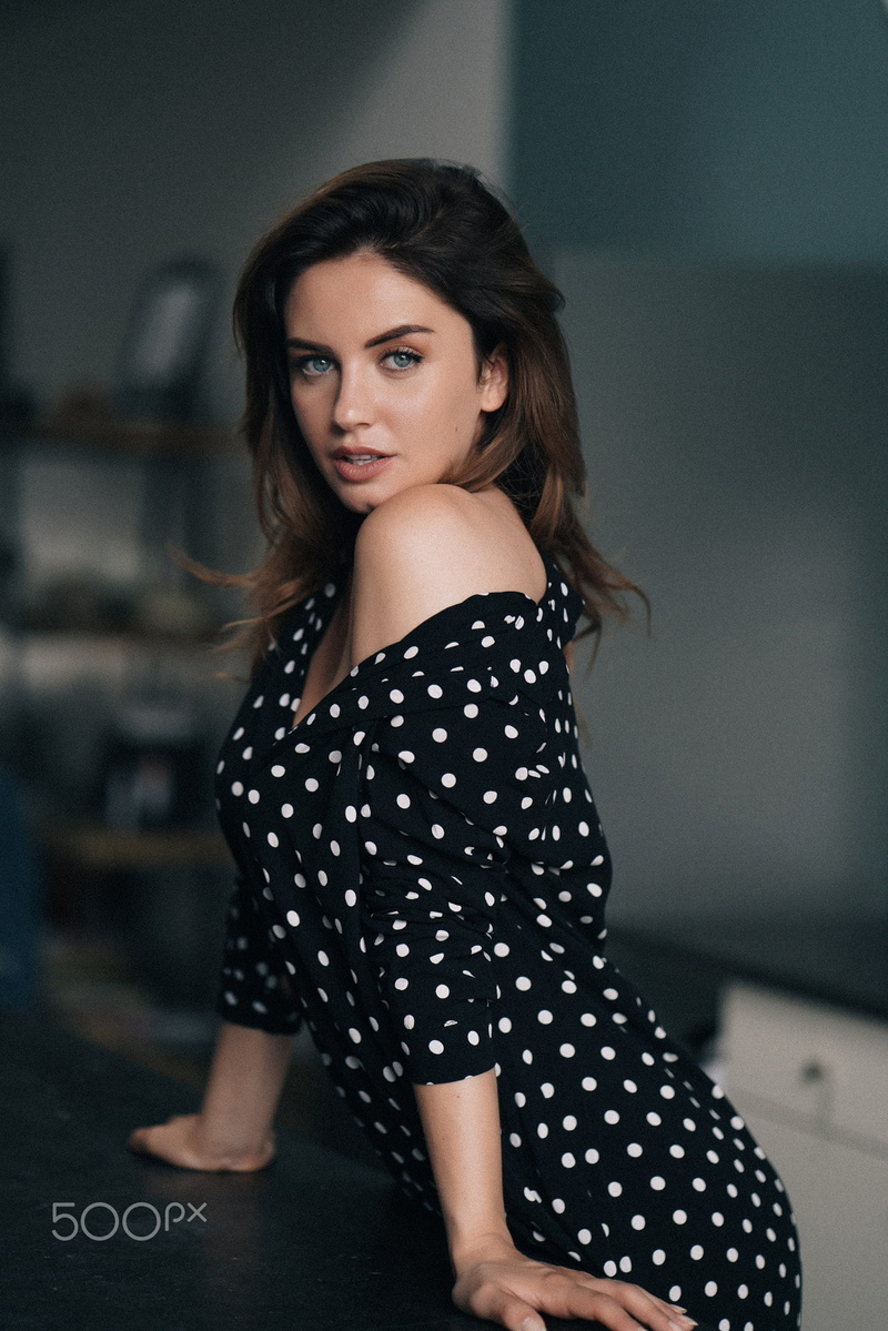 1080P, women, Aurela Skandaj, women indoors, 500px, dots, dress, model, brunette