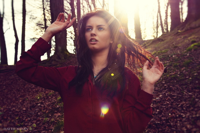 nature, sunlight, beauty, brown hair, young adult, 1080P, brunette, looking at camera, tree, one person, red clothing, long hair, teenager, contemplation