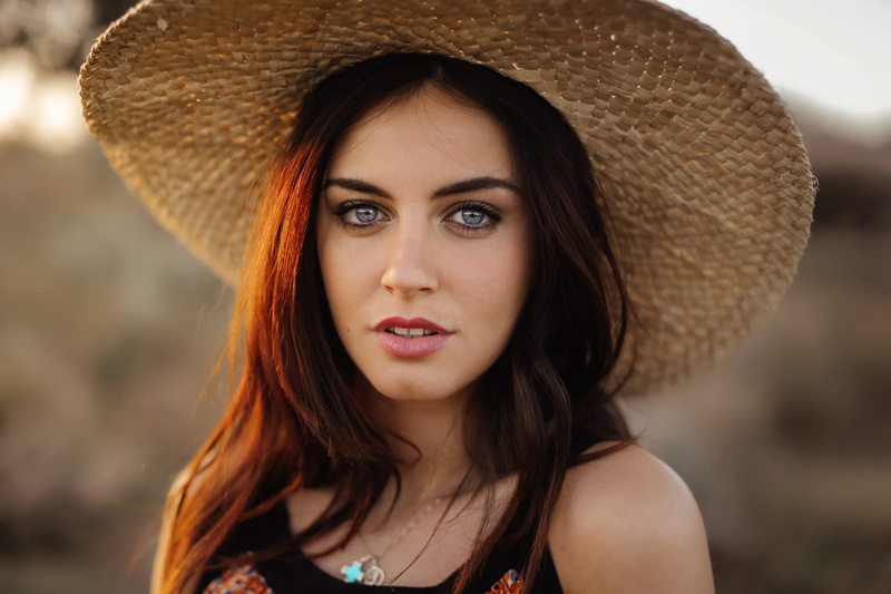 portrait, Aurela Skandaj, hat, brunette, women, face, model, blue eyes, 1080P