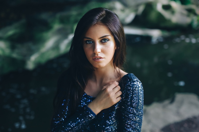portrait, dress, Aurela Skandaj, brunette, face, 1080P, model, long hair, women, depth of field, blue eyes