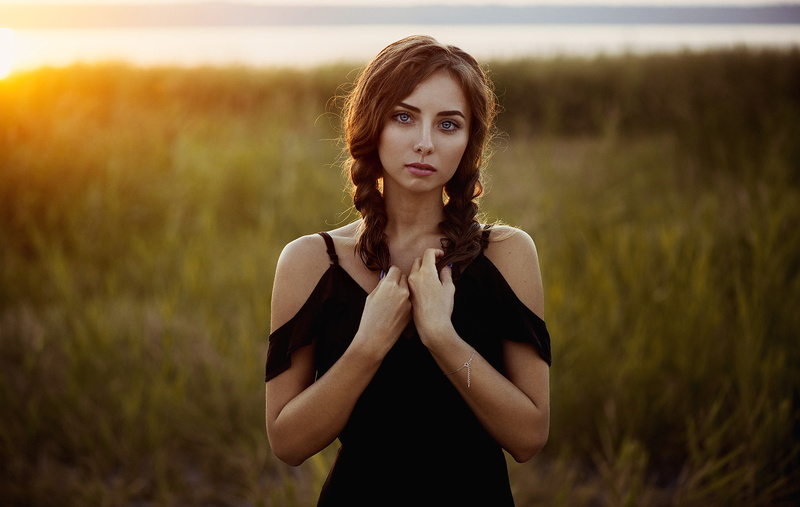 Ann Nevreva, women, Natalya, pigtails, blue eyes, women outdoors, brunette, bare shoulders, portrait, 1080P, sunset