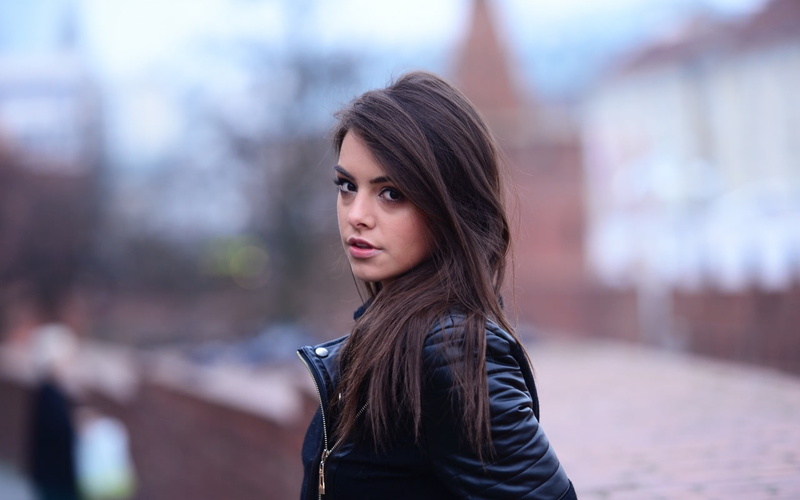 Anita Sikorska, looking at viewer, women, Polish women, brunette, long hair, open mouth, bokeh, black jackets, model, 720P, women outdoors, leather jackets