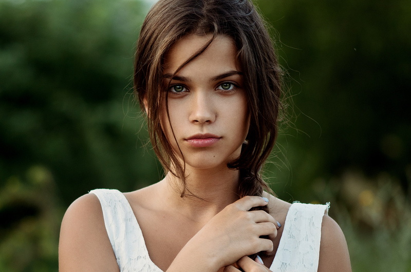 Ann Nevreva, bokeh, brunette, green eyes, braids, face, portrait, women outdoors, 1080P, women