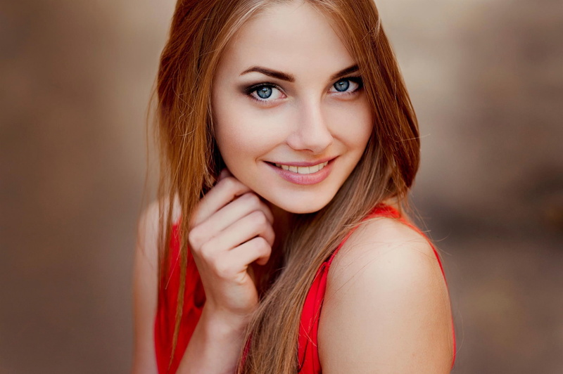 blue eyes, portrait, smiling, red clothing, 1080P, women, Natalya, Ann Nevreva, redhead, face, looking at viewer