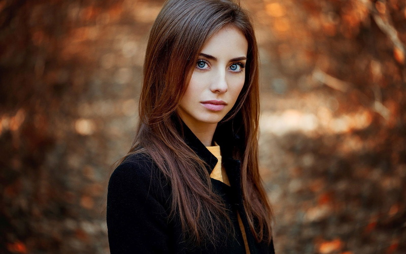 brunette, blue eyes, redhead, face, fall, Natalya, looking at viewer, long hair, hair, coats, model, women outdoors, depth of field, black coat, Ann Nevreva