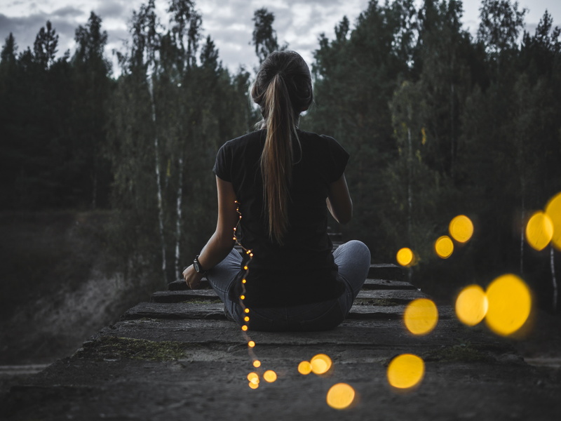 long hair, rear view, blonde, ponytail, nature, trees, lights, landscape, sitting, forest, women, T-shirt, depth of field, Natalya Letunova, lens flare