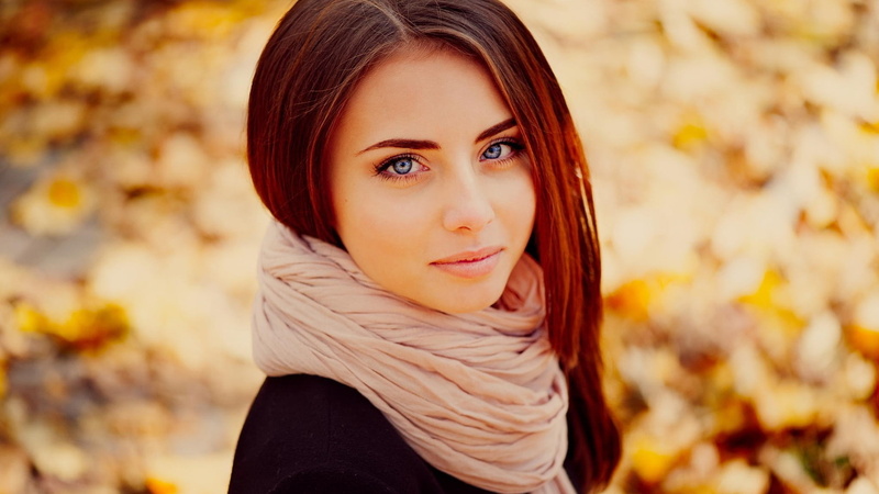 smiling, blue eyes, brunette, women, scarf, 1080P, Ann Nevreva, women outdoors, long hair, black coat, model, coats, Natalya, depth of field