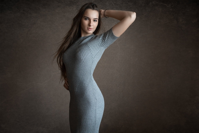 1080P, Natalya, model, Dmitry Shulgin, portrait, tight dress, long hair, women indoors, dress, women, wall, Dmitry Sn, brunette, looking at viewer