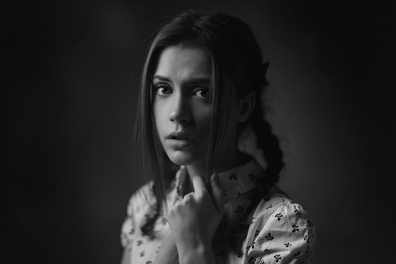 one person, contemplation, beautiful woman, headshot, looking at camera, portrait, 1080P, beauty, front view, black background, monochrome, Ksenia Kokoreva