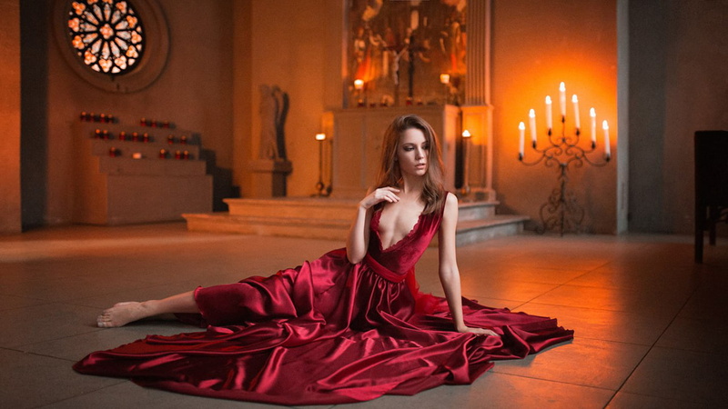 on floor, long hair, straight hair, candles, red clothing, women, 720P, Ksenia Kokoreva, barefoot, red dress, brunette, hand on chest, dress, looking away