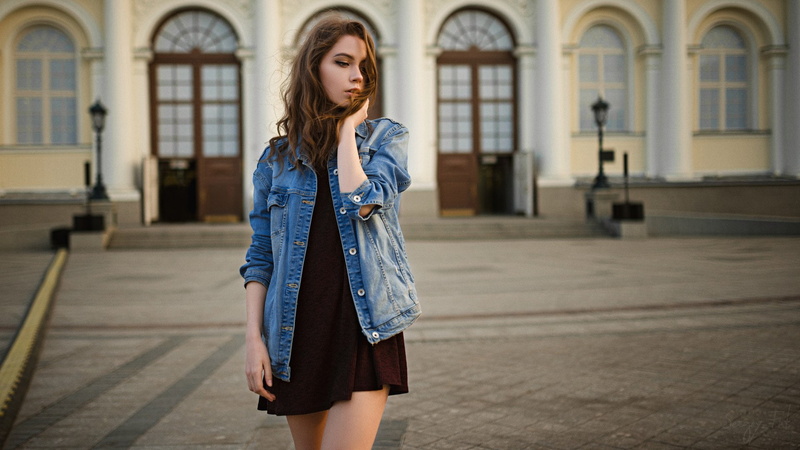 women outdoors, dress, denim, 1080P, women, portrait, Ksenia Kokoreva