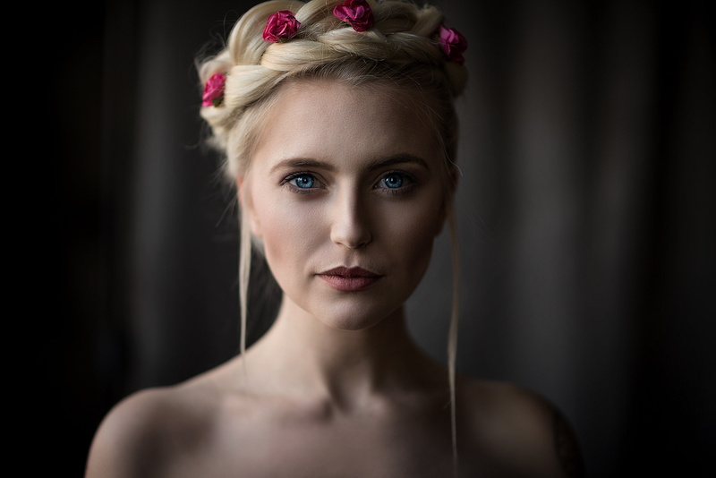 1080P, blonde, blue eyes, Mark Prinz, face, bare shoulders, portrait, women, tattoo