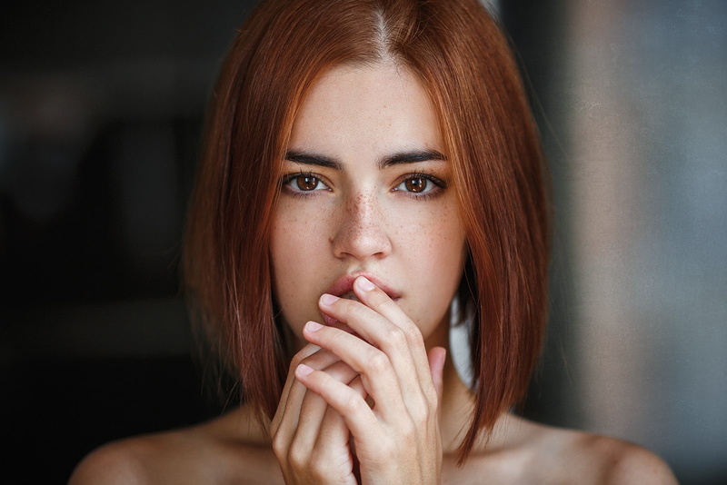 hairstyle, beautiful woman, one person, looking at camera, contemplation, hand, portrait, human face, Lidia Savoderova, close-up, brown eyes, redhead, women