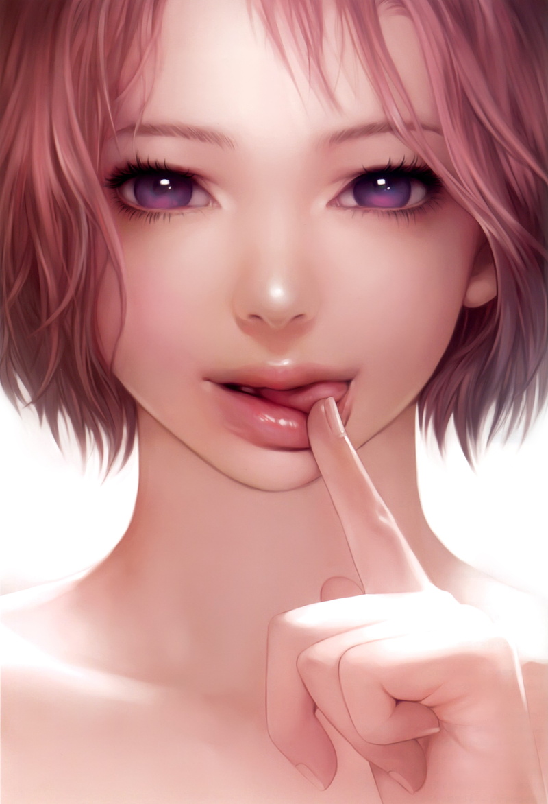 artwork, hair, purple, eyes, faces, people, short, lips, women, 5K, art, tongue, licking, hd, realistic