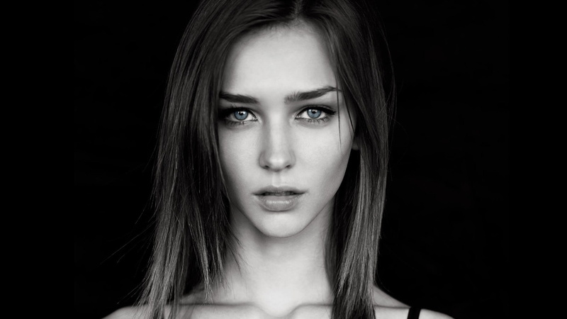 Rachel Cook, 1080P, straight hair, looking at viewer, open mouth, portrait, simple background, brunette, long hair, women, monochrome