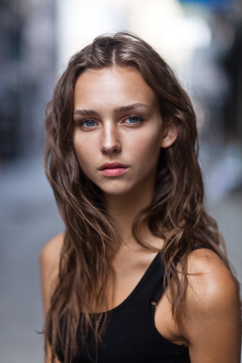 blue eyes, women, brunette, model, long hair, 1080P, Rachel Cook, urban, tank top