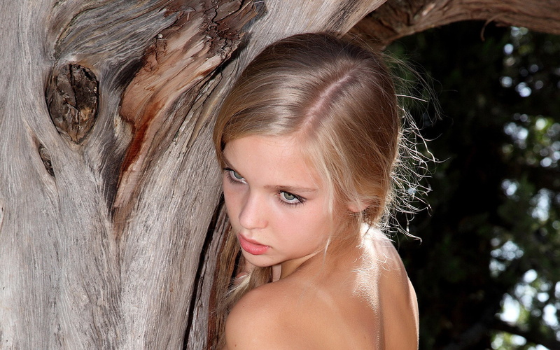 Sienna, nature, looking away, women, MPL Studios, 1080P, bare shoulders, long hair, model, tan lines, blonde, trees, face