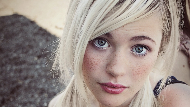 face, women, 1080P, blonde, Devon Jade, red lipstick