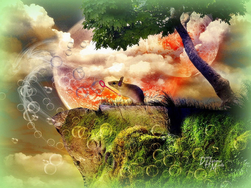 desire, creative-pre--made, blow, trees, plants, animals, 1080P, photomanipulation, bubbles, flowers, surreal, leaves, cliff