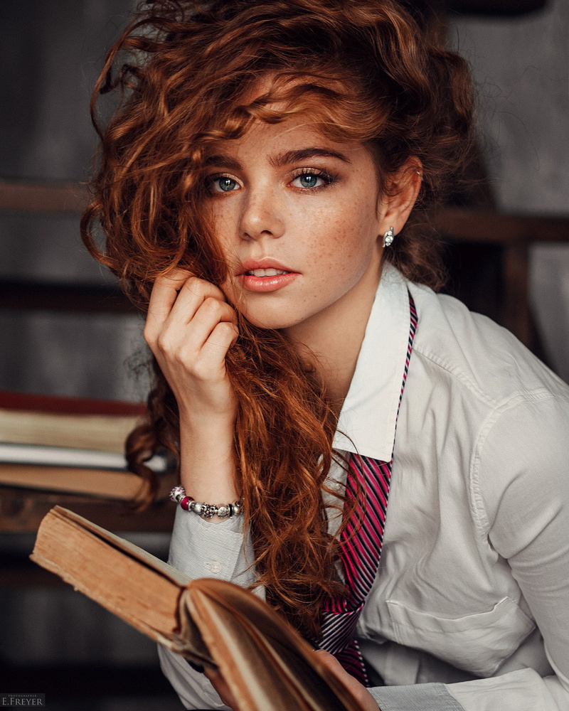 blue eyes, tie, women, 720P, wavy hair, books, Evgeny Freyer, model, redhead, long hair, looking at viewer, earring