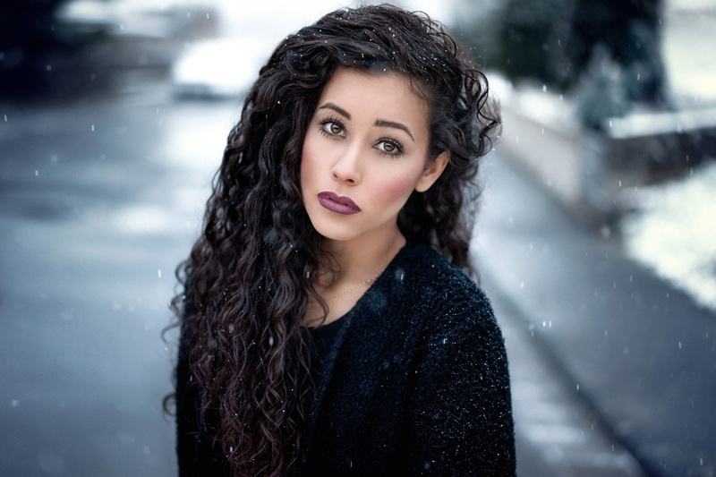 curly hair, Martin Kühn, beauty, young adult, beautiful woman, snowing, long hair, 1080P, portrait, warm clothing, face, hairstyle, model, hair, 500px