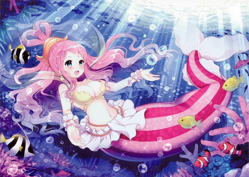Bikini, Smile, Shirahoshi (One Piece), One Piece, Bubble, Mermaid, 1080P, Anime, Girl, Long Hair, Fish, Beads, Blue Eyes, Bracelet, Pink Hair, Blush, Underwater