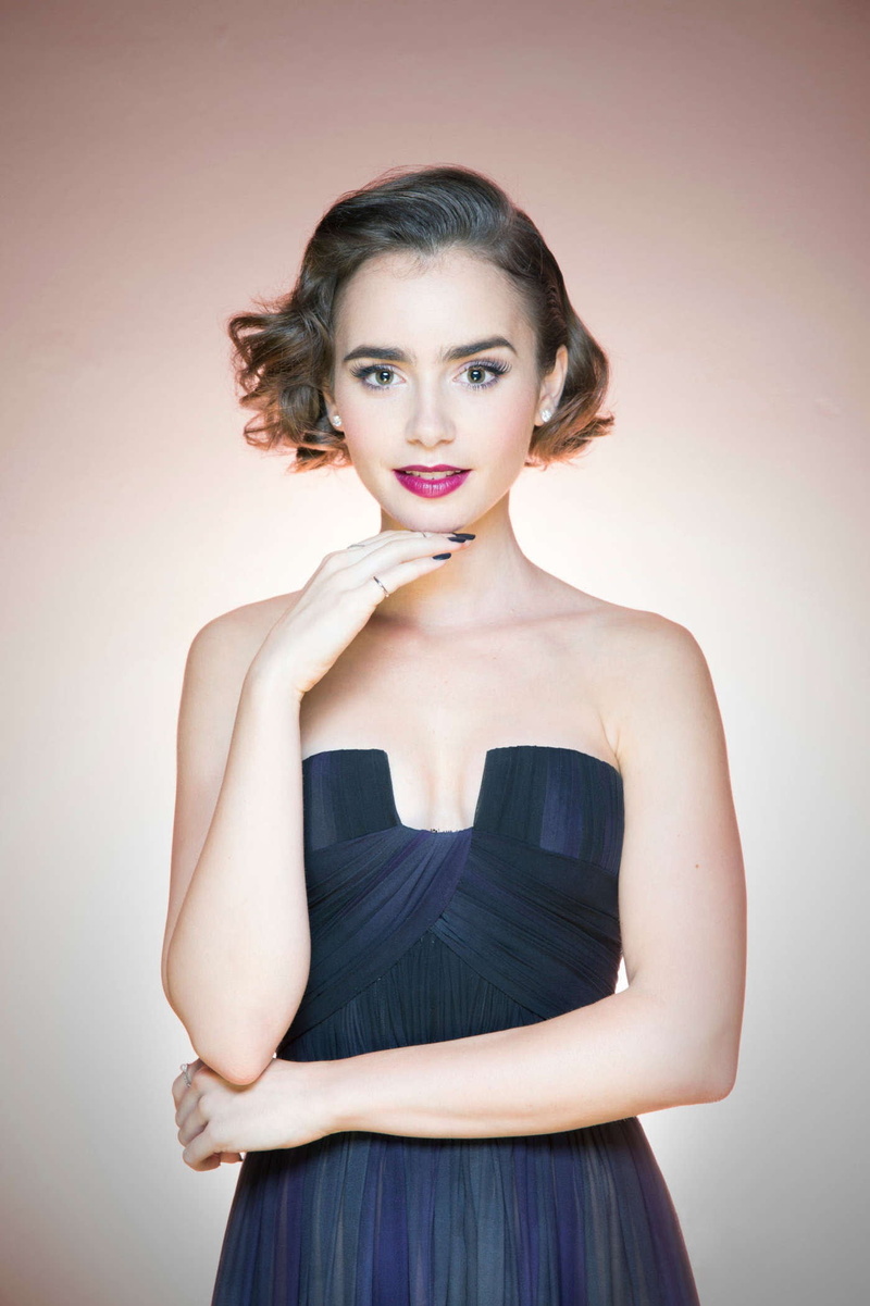 indoors, blue dress, fashion, portrait, adult, young adult, brown hair, clothing, dress, hair, beautiful people, women, front view, glamour, Lily Collins