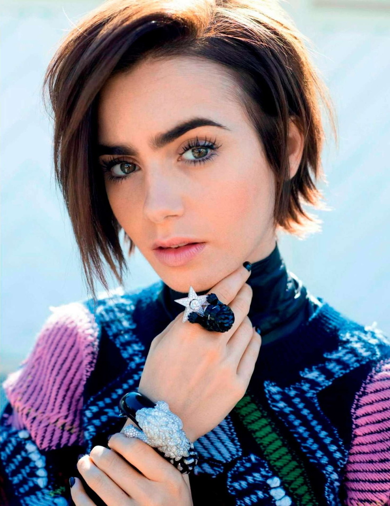 close-up, turtlenecks, beautiful woman, brown hair, clothing, portrait, young adult, fashion photography, 720P, Lily Collins, women, rings, hairstyle