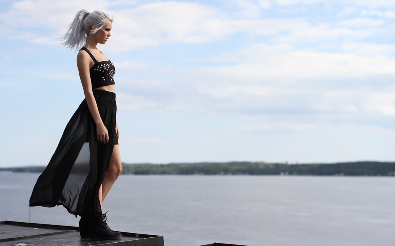 black dress, bustiers, Miranda Hedman, water, platinum blonde, women, sea, white hair, model, 2K, women outdoors