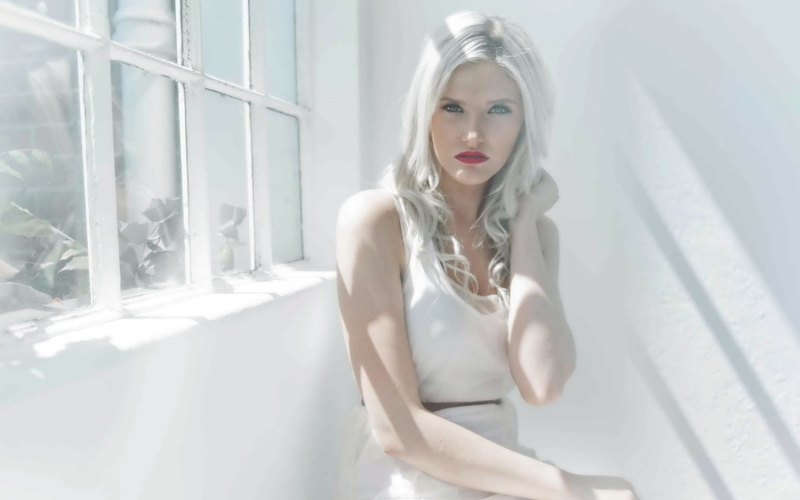 platinum blonde, looking at viewer, model, 2K, white, women, window
