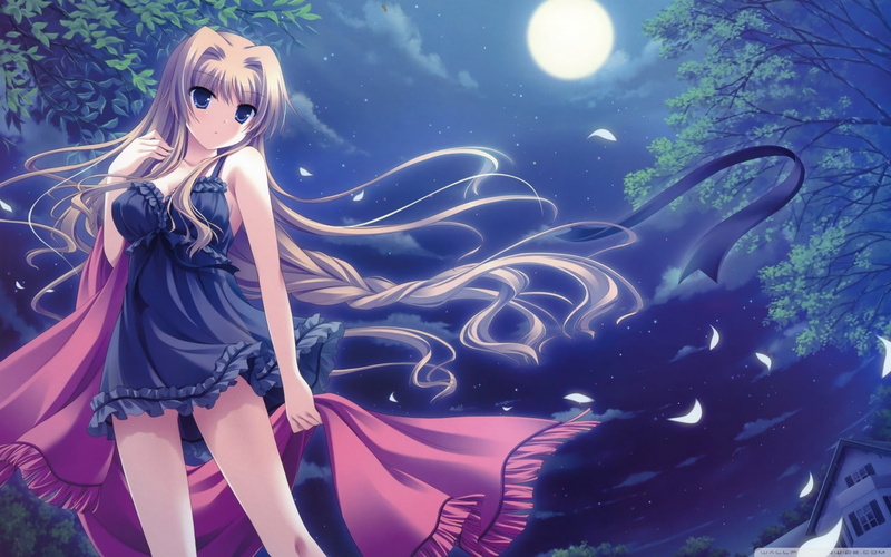 anime, Moon, anime girls, long hair, cherry blossom, trees, 720P, platinum blonde, scarf, blue eyes