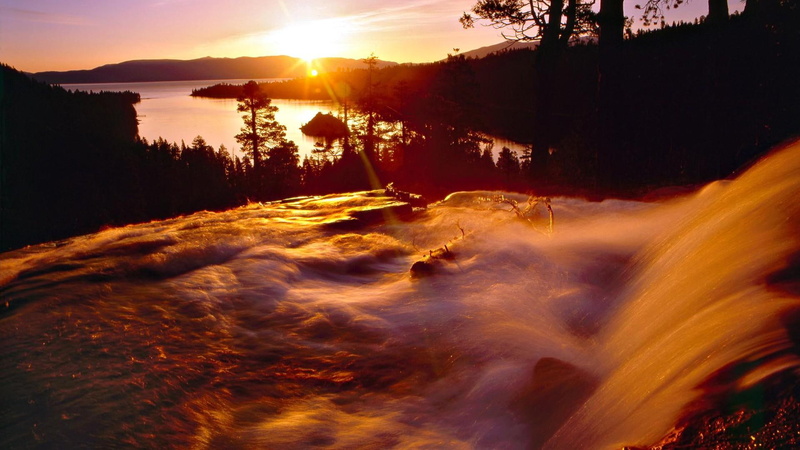 water, waterfall, 1080P, trees, black, yellow, nature, sunset, rush, 3d and a, orange, beauty, clouds