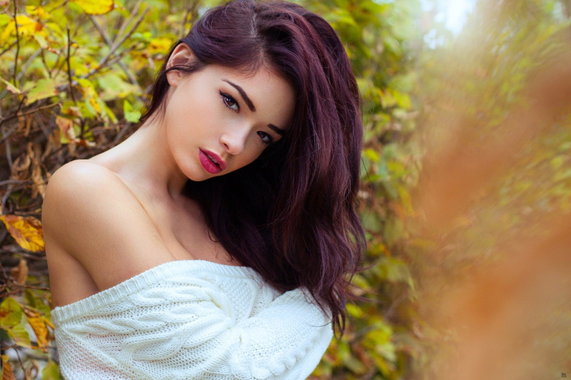 1080P, lips, Kenza Melissa, Women Outdoors, women, Sweater, Bare Shoulders, brunette, dress, Long Hair, White Dress, redhead, Kenza Mel