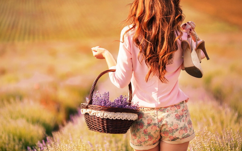 plant, three quarter length, sunset, container, long, field, women, holding, flowers, outdoors, long hair, basket, depth of field, high heels, land, s