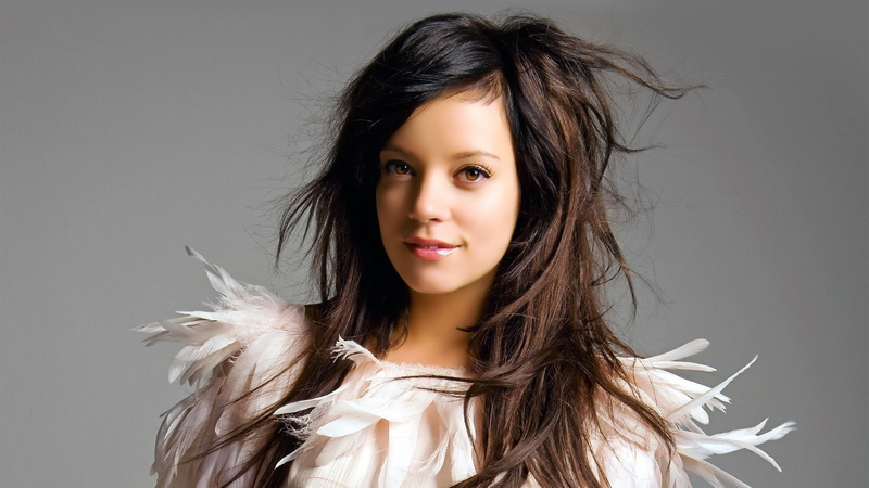 studio shot, Lily Allen, indoors, gray background, headshot, beautiful woman, front view, young adult, fashion, beauty, 1080P, gray, adult, brunette, looking at camera