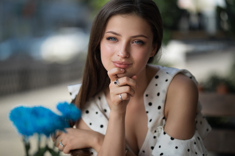 Veronika Avdeeva, looking at viewer, model, depth of field, outdoors, women, brunette, smiling, portrait, finger on lips, Dmitry Sn, 1080P, cleavage, women outdoors