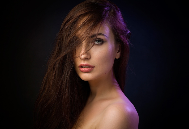 face, simple background, long hair, 1080P, hair in face, portrait, bare shoulders, brunette, Natalia Arantseva, women, blue eyes, looking at viewer, smoky
