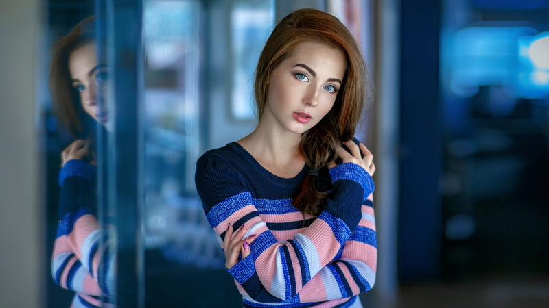 face, portrait, depth of field, hands in hair, 500px, 1080P, sweater, blue eyes, women, painted nails, redhead, reflection, model
