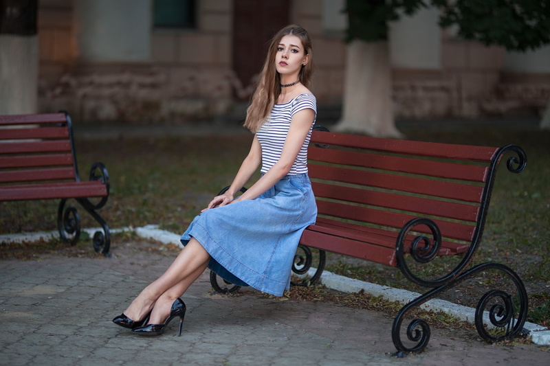casual clothing, women outdoors, seat, Dmitry Shulgin, portrait, young women, looking at camera, leisure activity, hair, beautiful woman, full length, outdoors