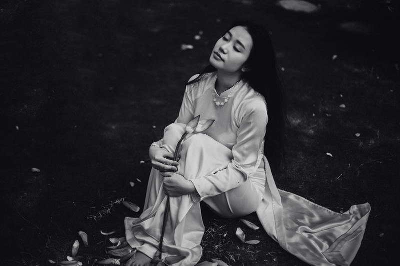 grayscale, land, ground, wearing, lotu, vietnamese, forest, day, hairstyle, traditional, looking, content, beautiful, aodai, focus on foreground, full length