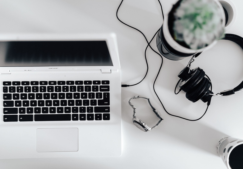 headphones, white laptop, computer equipment, connection, directly above, close-up, computer keyboard, indoors, essentials, light, minimal, white, communication