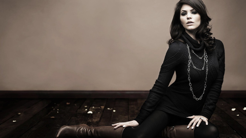 luxury, hair, adult, clothing, leather, elegance, brown hair, beauty, long, young adult, glamour, dress, Katharine McPhee, black, beautiful people, sitting