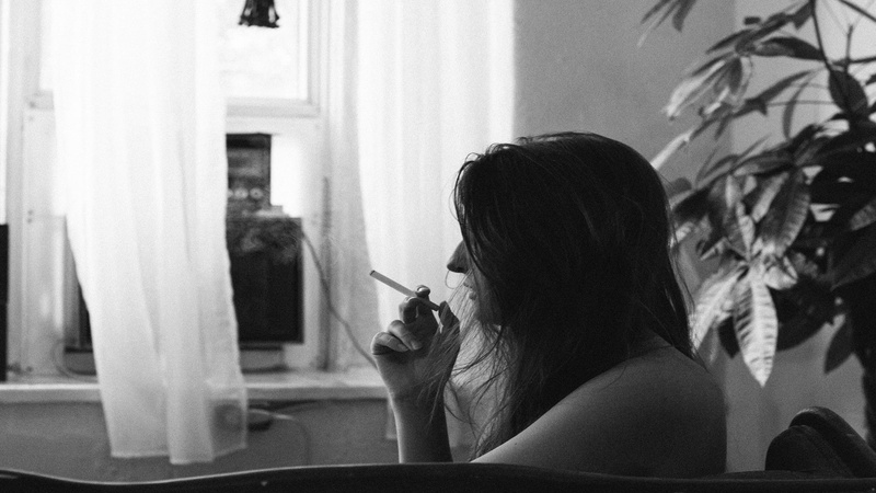 one person, indoors, home interior, young women, 1080P, holding, women, rear view, long hair, applying, preparation, adult, young adult, smoking, females