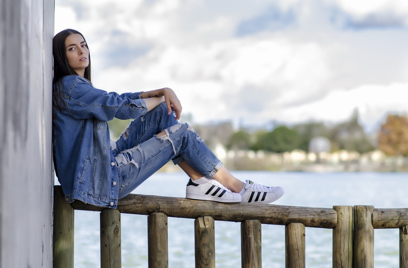 jeans jacket, women, sitting, torn jeans, women outdoors, 1080P