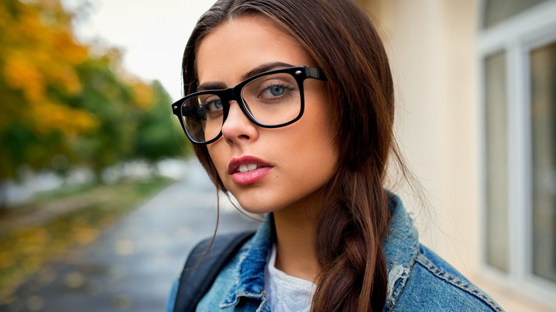 1080P, beautiful people, jean jacket, adult, city, lifestyles, looking at camera, body part, focus on foreground, glasses, headshot, young women, human face