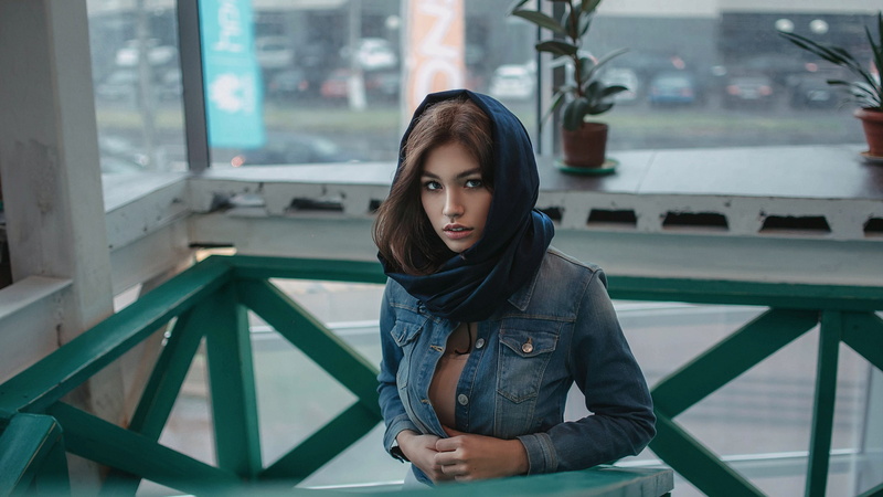 open mouth, jeans jacket, brunette, open clothes, portrait, women, looking at viewer, 2K, model, face, women indoors