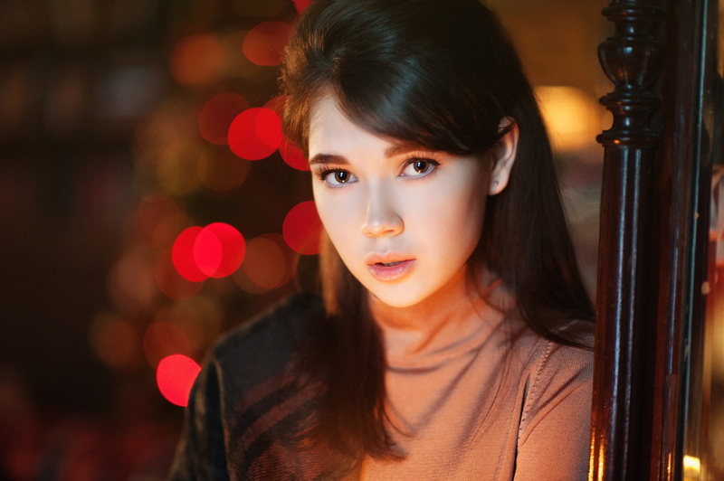 brown hair, 1080P, focus on foreground, front view, brown eyes, depth of field, long hair, close-up, headshot, Maxim Maximov, Ekaterina Ermakova, women