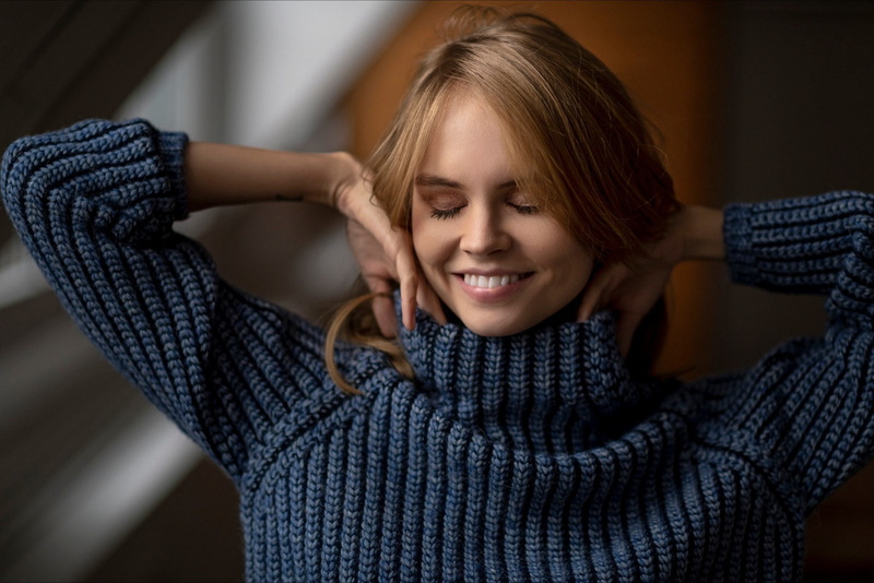 closed eyes, women, 1080P, face, portrait, model, touching face, Anastasia Scheglova, smiling, hand on face, turtlenecks, blue sweater