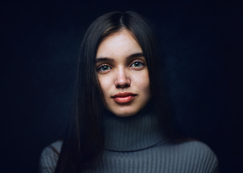 1080P, body part, black background, one person, young adult, looking at camera, indoors, face, Zachar Rise, studio shot, contemplation, beautiful woman