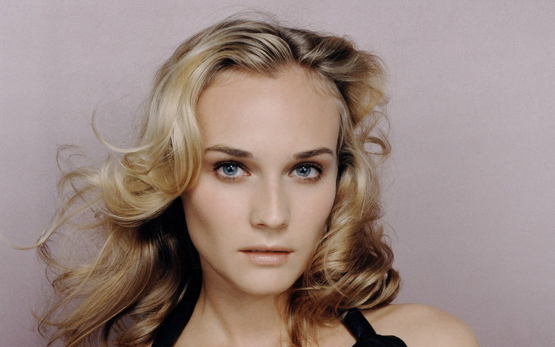 1080P, looking at viewer, open mouth, studio shot, bare shoulders, young adult, Diane Kruger, hairstyle, portrait, face, gray, women, beautiful woman